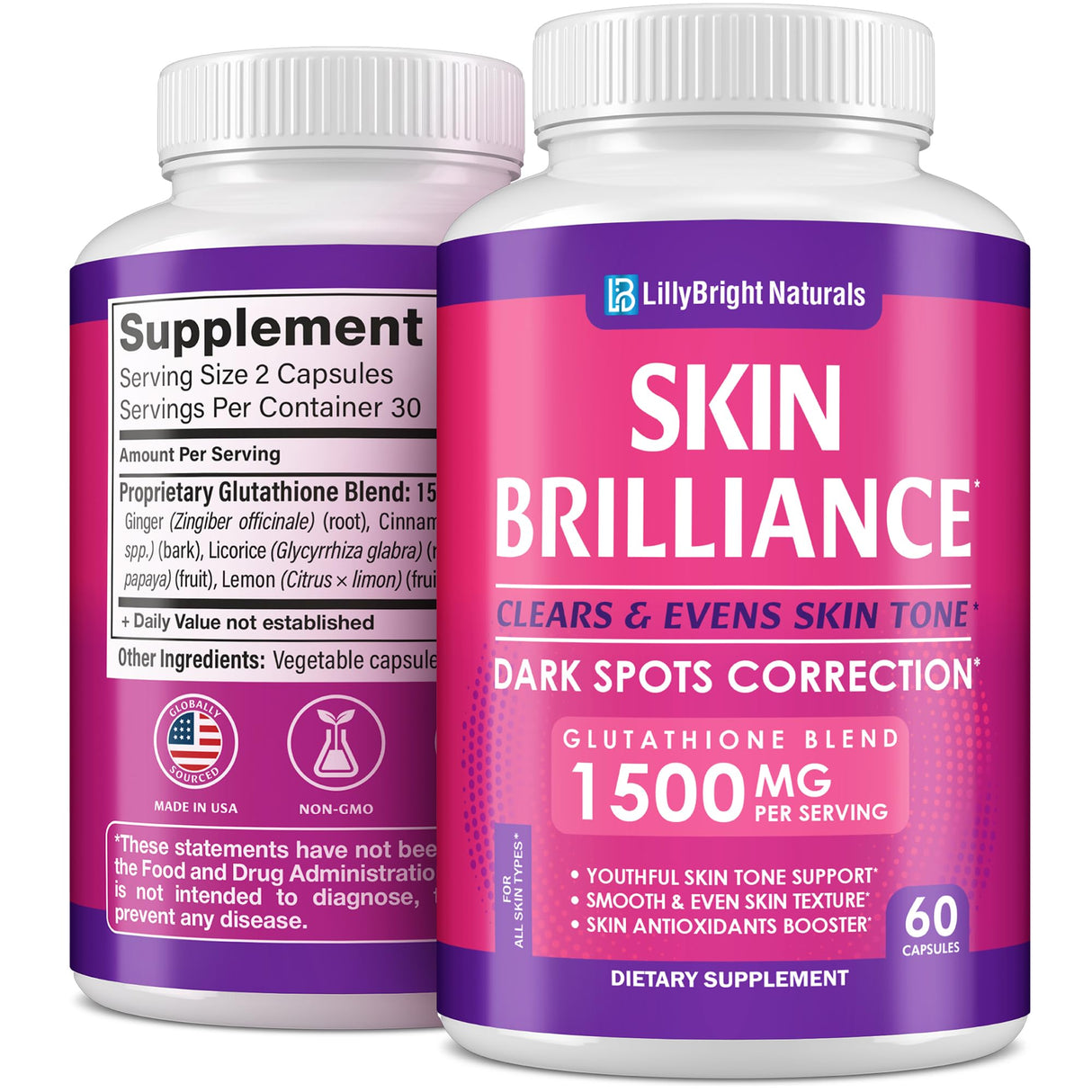LB LILLYBRIGHT NATURALS Glutathione Capsules - 1,500mcg L-Glutathione Supplement with Vitamin C - Skin Tone Enhancer - Targets Dark Spots & Acne Marks - Potent Antioxidant - 60 Skin Pills