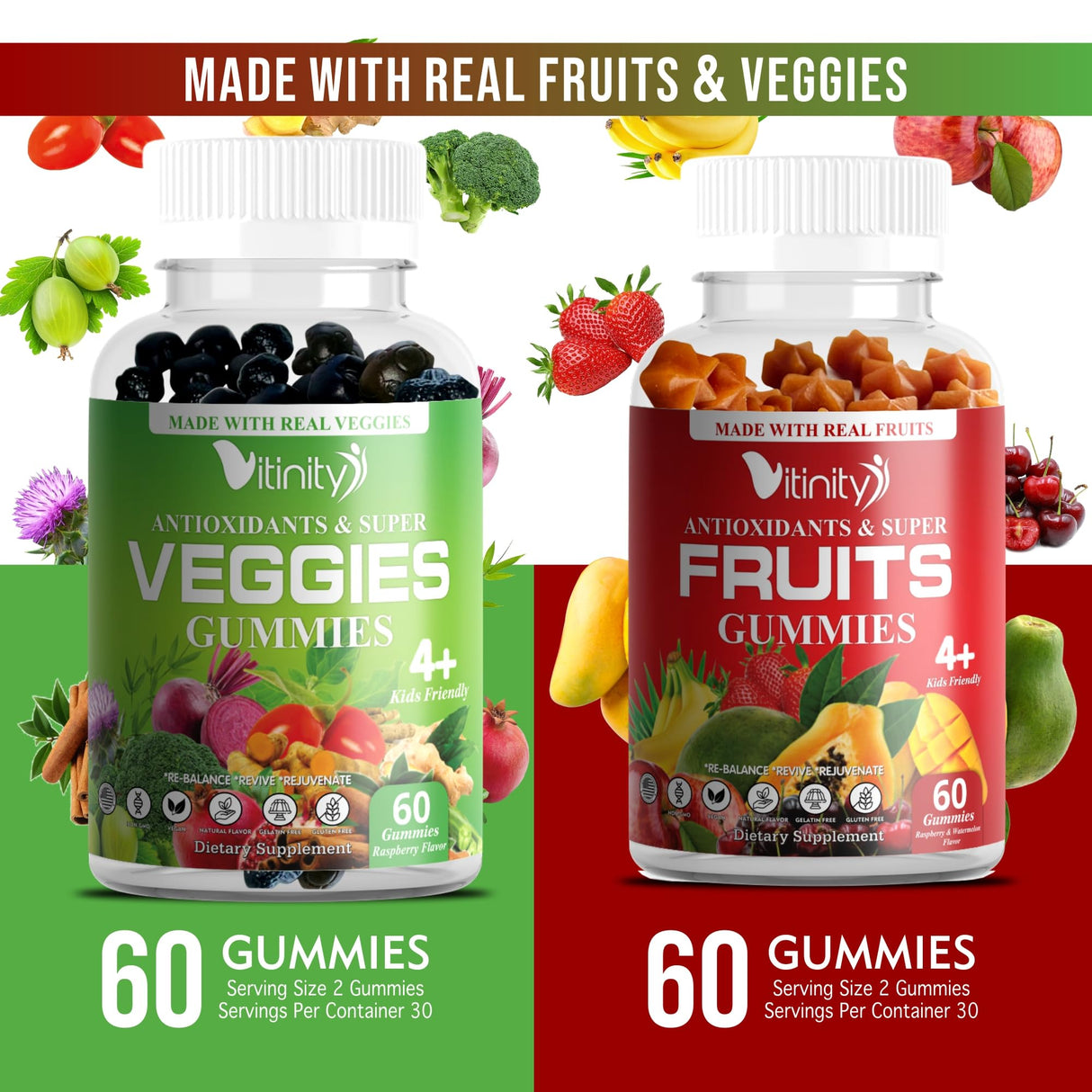 VITINITY Made with Real Fruit-Real Veggie Gummies-Superfood Vegetable Vitamin Supplement for Women,Men,Kids-Blend of Fruit and Greens for Daily Health.Fruits and Vegetables Supplements (30-Day Supply)
