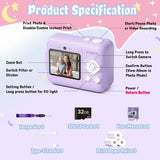 ETIKEZ Kids Camera, 1080P Instant Digital Print Camera for Kids, Christmas Birthday Gifts for 4 5 6 7 8 9 10 Year Old Girls Boys, Portable Toy with 32GB SD Card & 3 Rolls Printing Paper, Purple
