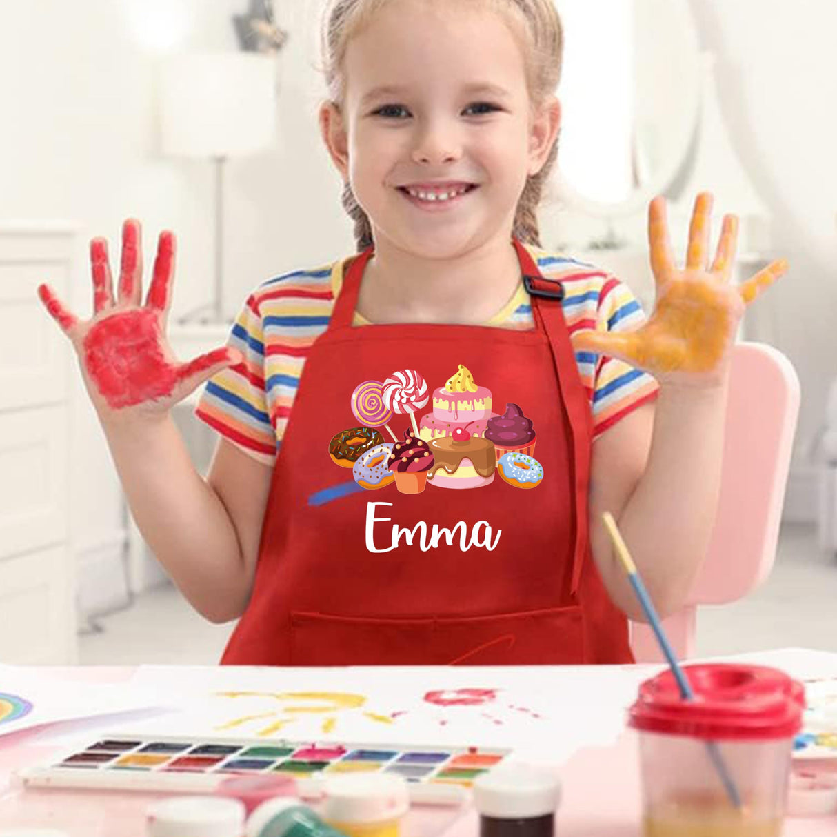 7th Hill Personalized Kids Apron for Cooking, Custom Kid Apron with Chef Hat, Toddler Cooking Apron for Girls and Boys, Baking & Painting Apron, Christmas Gift For Children