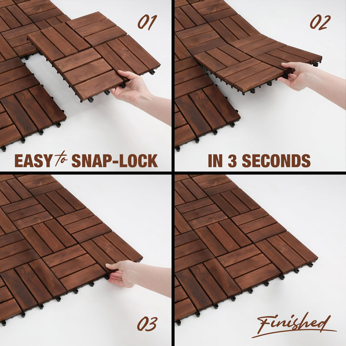 GREEN ALLUVIUM Premium Acacia Wood Interlocking Deck Tiles, 9 PCS 12"x12"x0.9" Patio Flooring, Waterproof Decking Tiles for Balcony, Backyard & Patio, All Weather Use (Dark Brown – Crossed Pattern)
