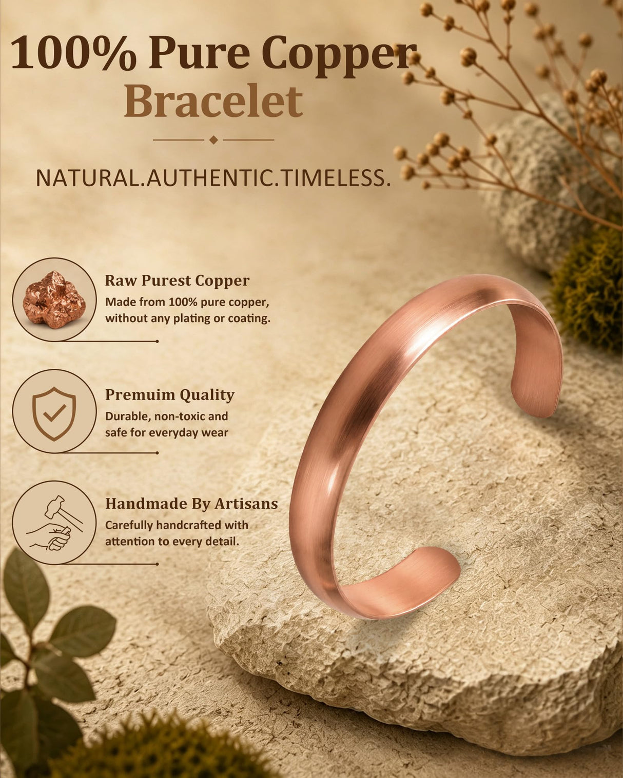 MagEnergy Copper Bracelet for Women Men-Tibetan Handmade-100% Pure Copper
