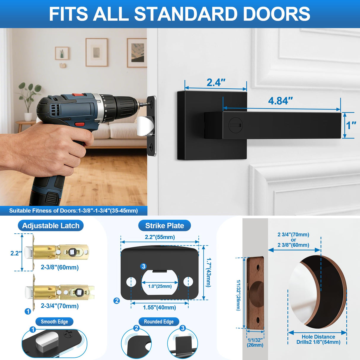Plustool 3 Pack Matte Black Door Handles, Keyless Interior Door Knobs, Privacy Door Lever Locksets for Bedroom Bathroom, Heavy Duty Square Door Lock, Reversible for Left&Right Handled Doors