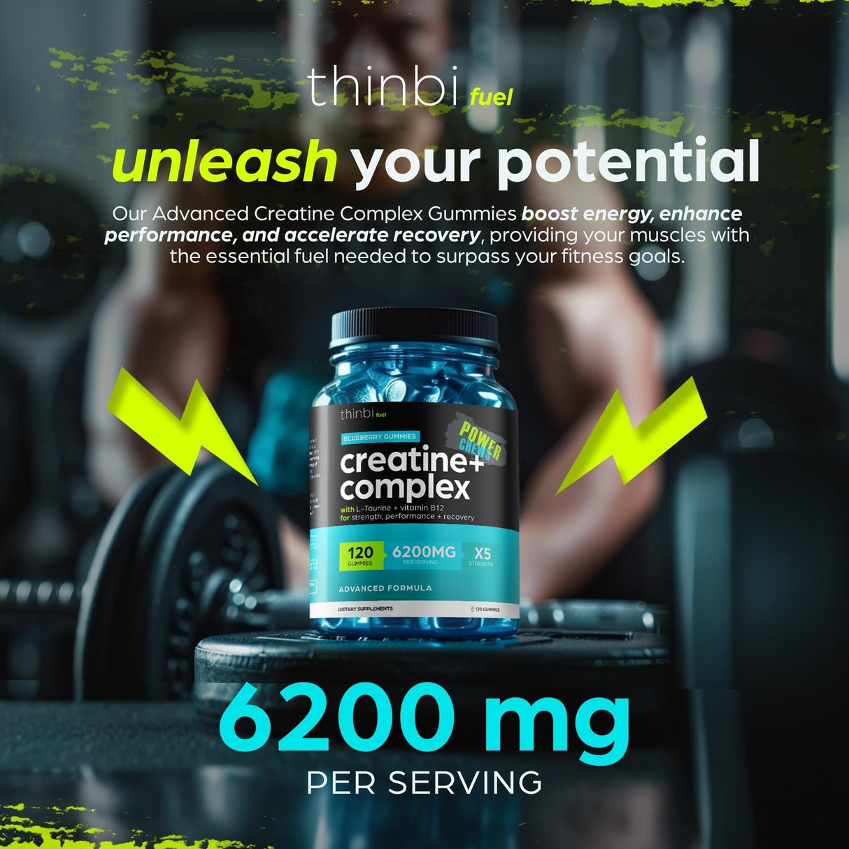 3 Pack Creatine Monohydrate Gummies Complex 6200mg for Men & Women - 120 Gummies Advanced Formula W/L-Taurine + Vitamin B12 for Muscle Strength, Muscle Builder, Energy Boost, Pre-Workout Supplement - Thinbi