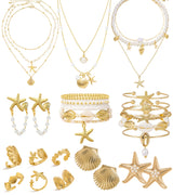 Vieyomn 32 Pcs Starfish Seashell Jewelry Set for Women Layer Necklace Bracelets Stackable Shell Starfish Rings Stud Earrings Pearl Beach Vacation Accessories
