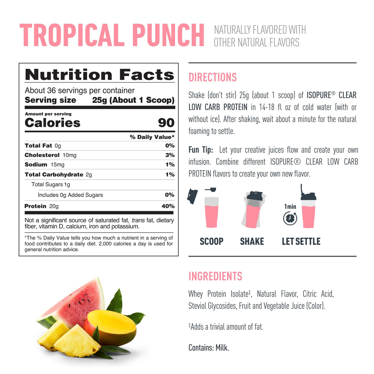 Isopure 100% Pure Whey Isolate Protein Powder Infusions, Lactose Free, Gluten Free, Naturally Flavored, Tropical Punch, 20g Protein Per Serving, 1.9 Lbs, 36 Servings
