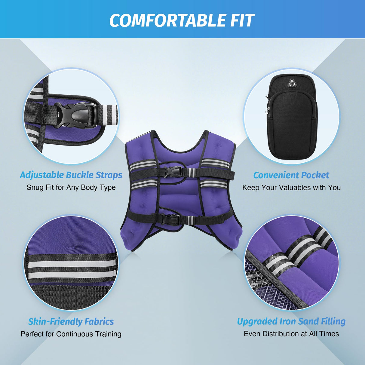 ZELUS Weighted Vest, 6lb/8lb/12lb/16lb/20lb/25lb/30lb Weight Vest with Reflective Stripe for Workout, Strength Training, Running, Fitness, Muscle Building, Weight Loss, Weightlifting, Violet(20 lb)