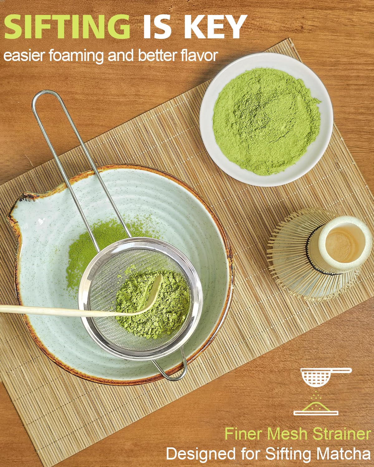 Vaiheng Matcha Whisk Set with Matcha Bowl, Matcha Whisk Holder Matcha Bamboo Whisk, Scoop, Sifter, Unique Gifts for Women Men Girl Friend Home Kitchen Decor Gifts for Tea Enthusiasts Christmas