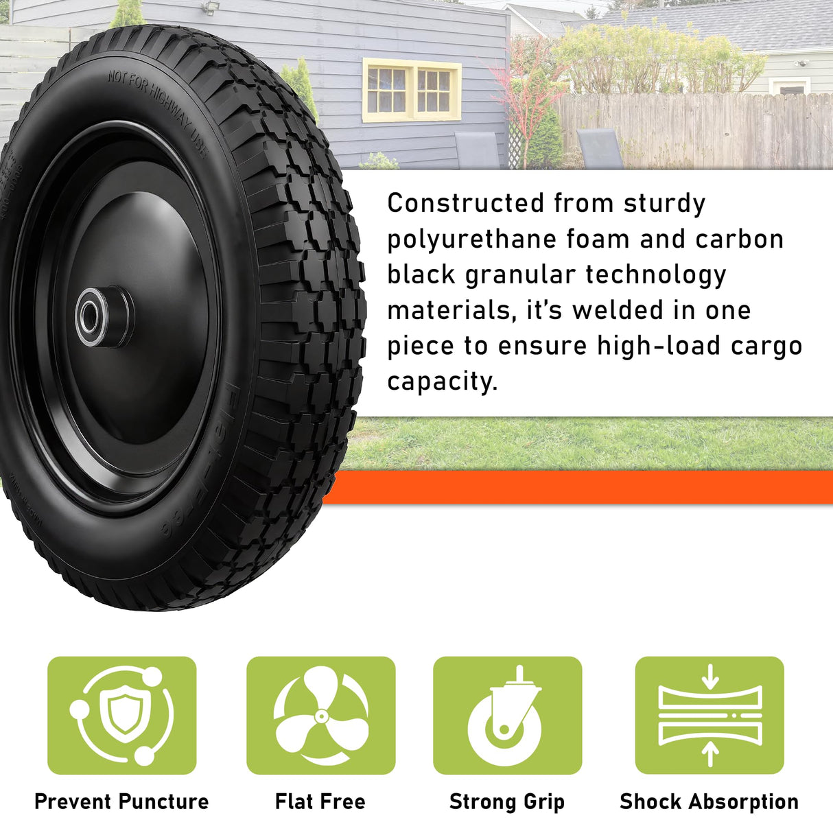 2-PCS 4.80/4.00-8 Tire, 14.5" Flat Free Wheelbarrow Tire and Wheel - Solid Replacement Tires with 3"-7" Adjustable Centered Hub, 5/8" & 3/4" Bearings | Fit 4.80/4.00-8, 4.00-8, 4.00-6, 3.50/3.00-8