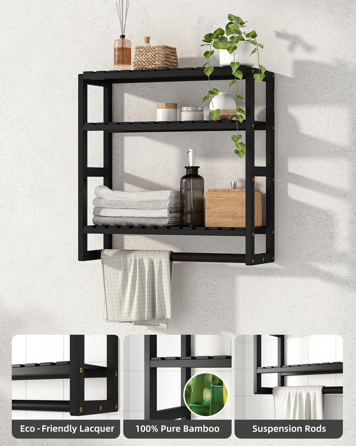Galood Over The Toilet Storage Bathroom Shelves Wall Mounted 3 Tier Space Saver Corner Shelf Organizer Bamboo Towel Rack Toilet Paper Cabinet with Hanging Rod Black