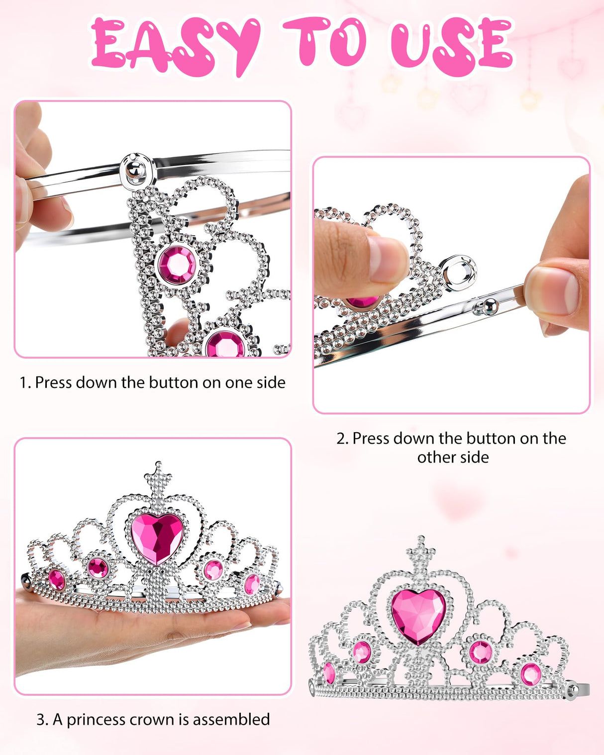 96 Pcs Princess Pretend Party Costume Dress up Play Set Includes 24 Crown Tiaras, 24 Star Wands, 48 Pcs Little Girl Jewel Rings, Princess Girls Party Favors Costume Play Set for Little Girls (Cute)