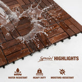 GREEN ALLUVIUM Premium Acacia Wood Interlocking Deck Tiles, 9 PCS 12"x12"x0.9" Patio Flooring, Waterproof Decking Tiles for Balcony, Backyard & Patio, All Weather Use (Dark Brown – Crossed Pattern)