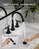 FORIOUS Black Bathroom Faucet 3 Hole Vanity, 2 Handle 360° Swivel Matte Black 8 Inch Widespread Bathroom Sink Faucet 3 Holes, with 360 Degree Rotating Spout, Pop-up Drain, Supply Lines