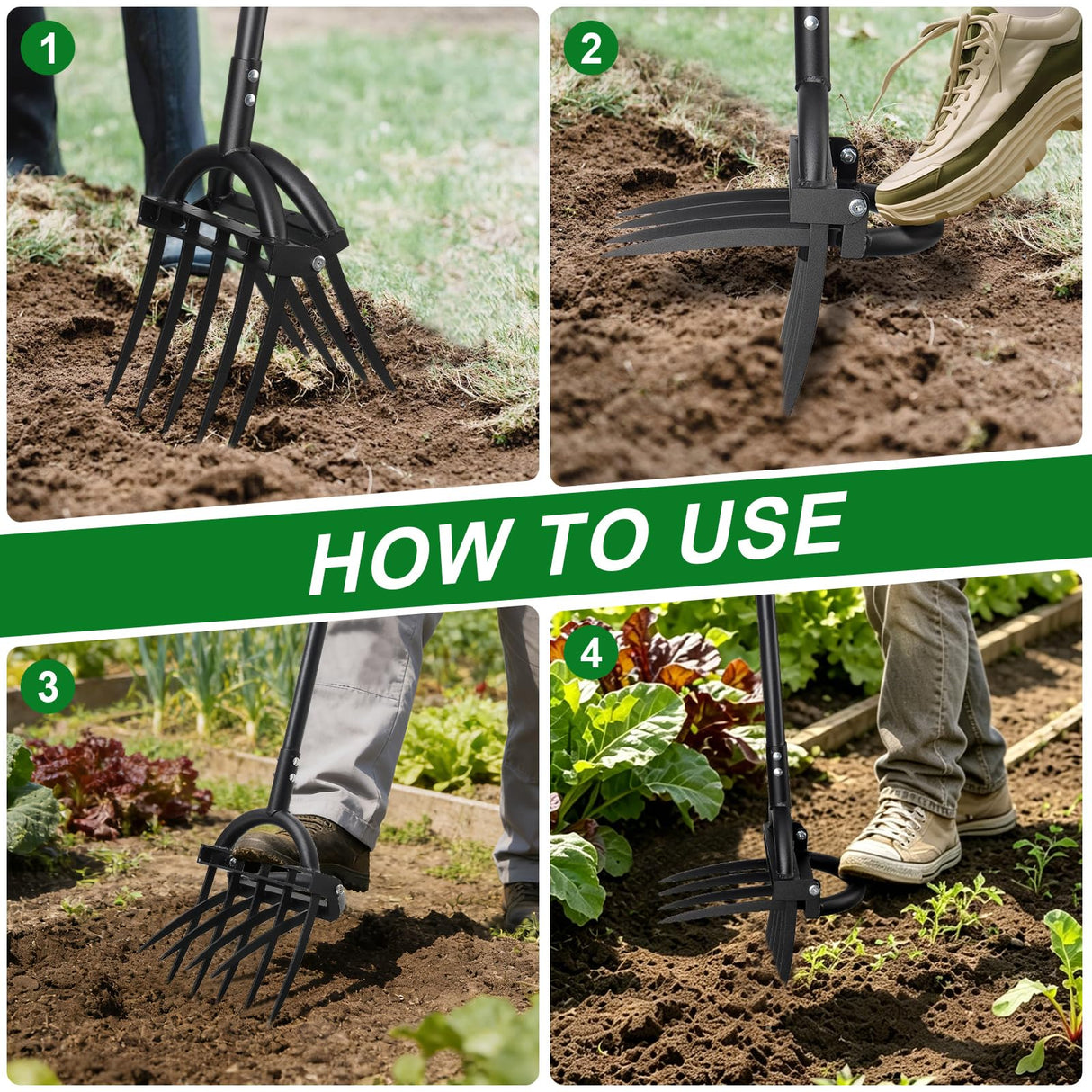 REILEIHODE Broad Fork Garden Tool, 63" Heavy Duty Broadfork Hand Tiller with Double 5+4 Sharp Tines, Garden Pitchfork with Ergonomic D-Shaped Handle, Spading Dig
