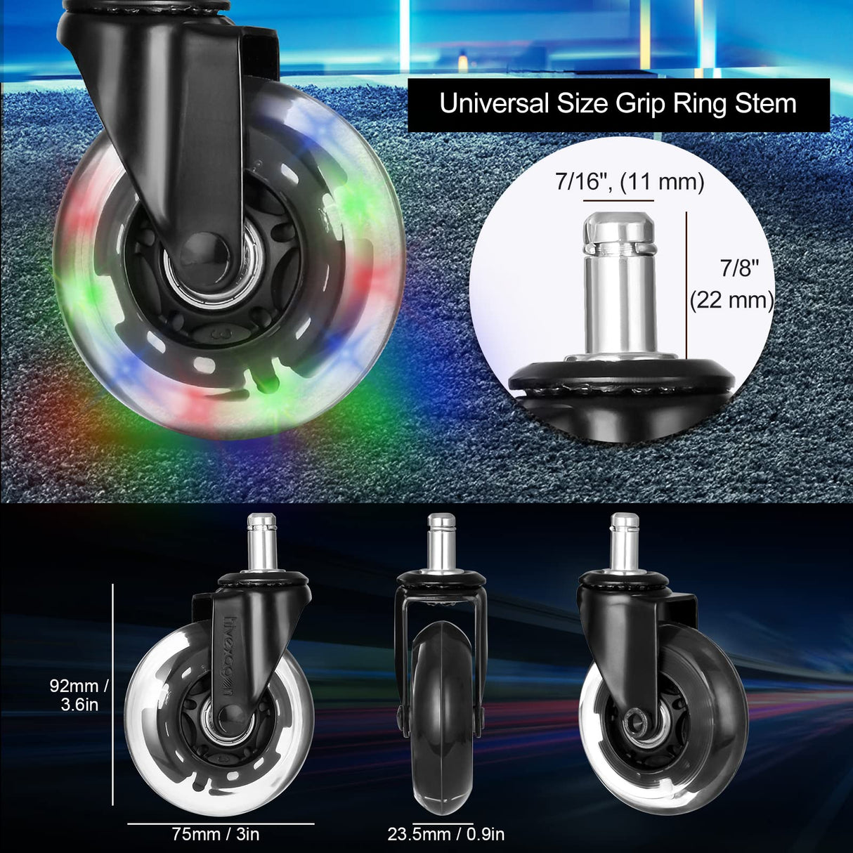 Hivexagon Office Chair Caster with RGB Color Changing Lights Set of 5 Rubber Replacement, Heavy Duty Universal Quiet Rolling Casters Fit Standard Office Chair for Hardwood Floors, Tiles and Carpet