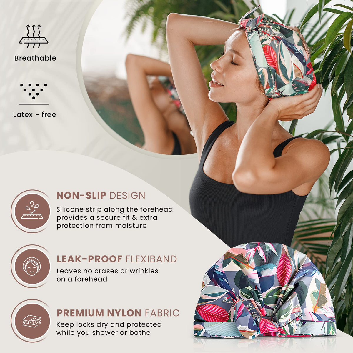 Reusable Shower Cap for Women Reusable Waterproof – Leakproof, Nonslip Hair Cap for Shower Flexiband – Soft, Breathable, Durable Christmas Shower Caps by SMPL OBJECTS (Tropical)