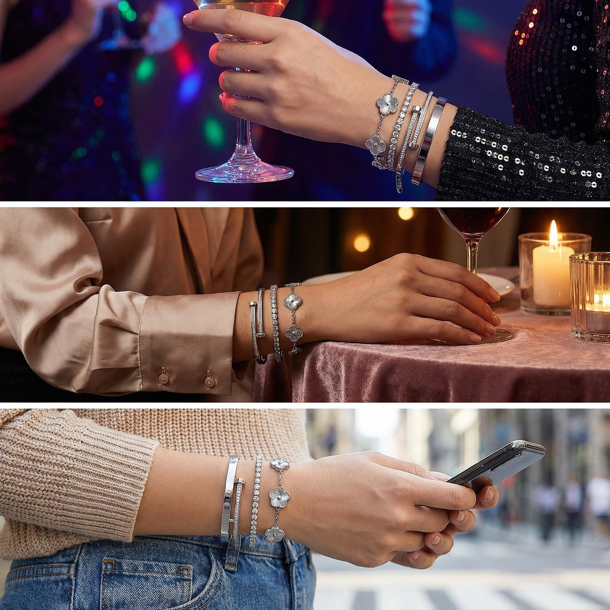 Camhanno Gold Bracelets for Women-4Pcs 18K Gold Plated Love Bangle Tennis Clover Nail Bracelets Stack Set for Women Trendy Non Tarnish Stainless Steel Gold Bangles Accessories Designer Jewelry (Silver Stack Bracelet -2)