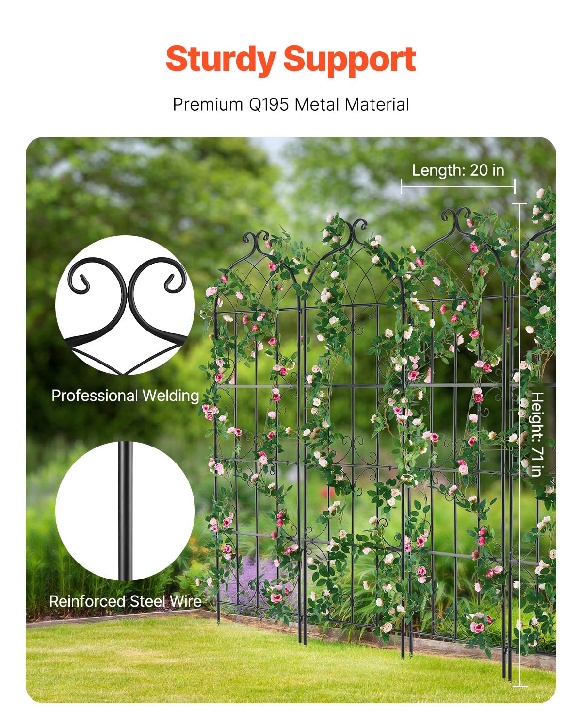 VEVOR 71 x 20 in, 4 Packs Rustproof Metal Garden Flower Trellis, Outdoor Climbing Rose & Cucumber Support, Decorative Clematis Trellis for Courtyards & Lawns