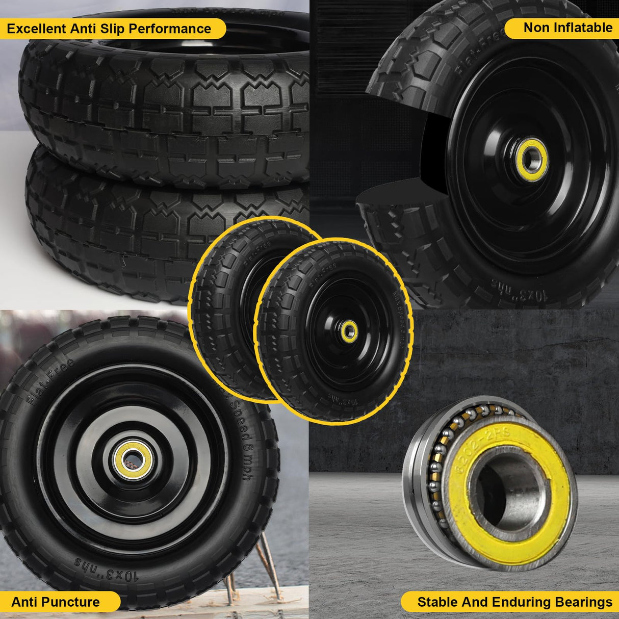 13 Inch Solid Rubber Tires, 4.00-6 Tire Flat Free with 5/8" Bearings, 2.17" Offset Hub for GOR Garden Cart, Wheelbarrow, Trolleys, Hand Trucks and Yard Trailers(4 Pack)