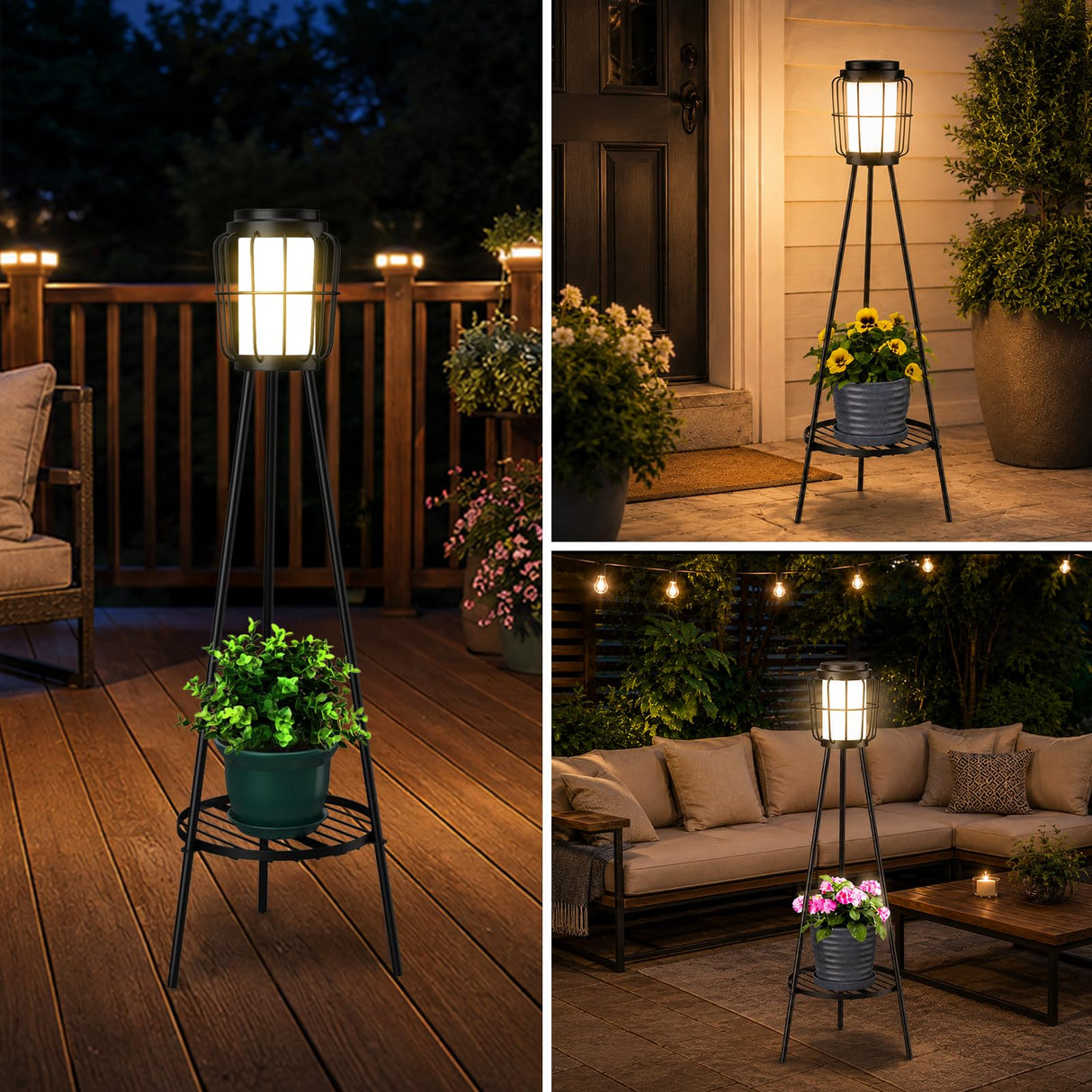 VISFLAIR 2 Pack Solar Lights with Plant Stand, Outdoor Floor Lamps, Waterproof Solar Powered Floor Lamps for Patio Deck Porch Yard Garden Decor