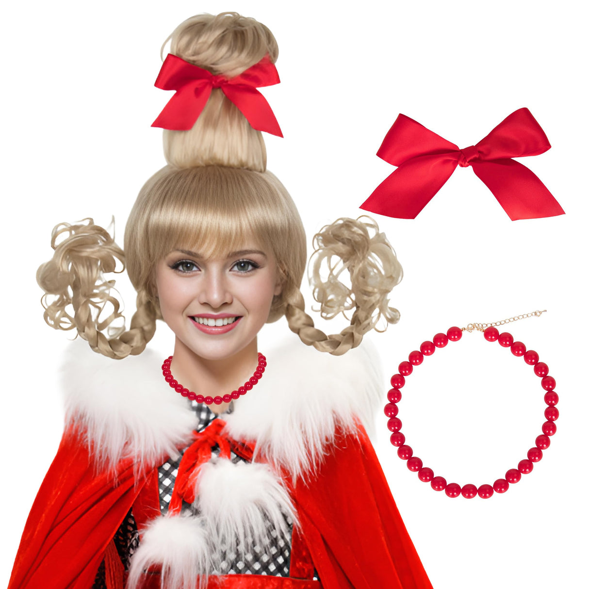 Koonfan Christmas Blonde Wig with Red Bow and Necklace Girls Women Long Braids Christmas Costume Wig Accessory