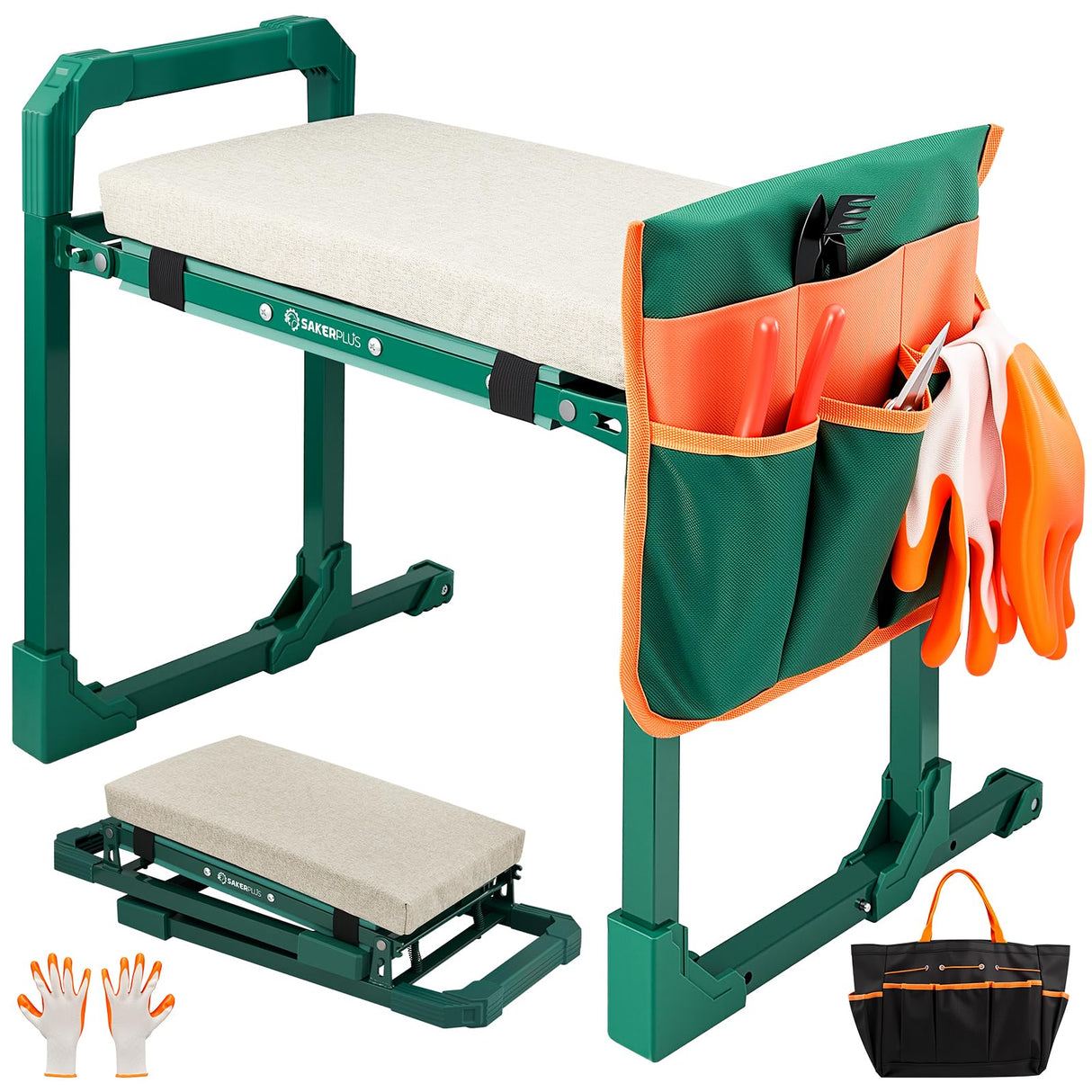 SakerPlus Garden Kneeler and Seat,Heavy Duty Foldable Garden Stool with 10-Inch Thickened Pad, Extendable Legs, Tool Bag and Storage Bag,Gardening Gift Choice for Women Mom Men Seniors