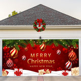 COSEVIER Christmas Garage Door Cover Banner, Red Festival Large Hanging Backdrop Door Banner, Merry Christmas Happy New Year Xmas Garage Wall Decorations for Holiday Party Décor, 7x16 FT