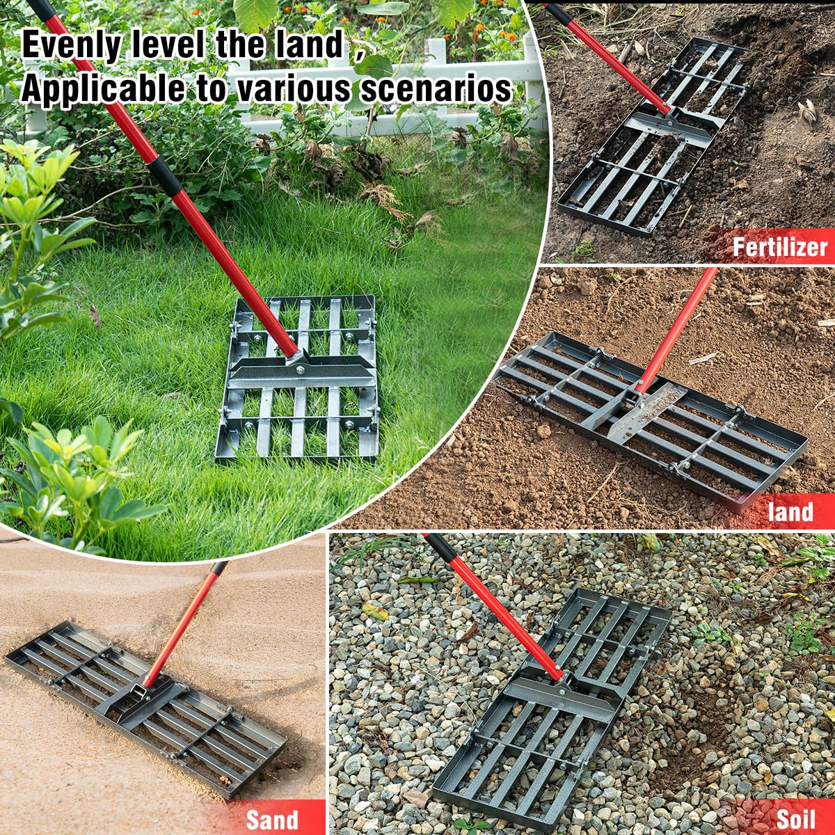 Zenhosit Lawn Leveling Rake - Lawn Leveler with 78" Adjustable Steel Handle, 30"x10" Ground Plate for Yard, Grass, Level Soil, Dirt Ground or Golf Field