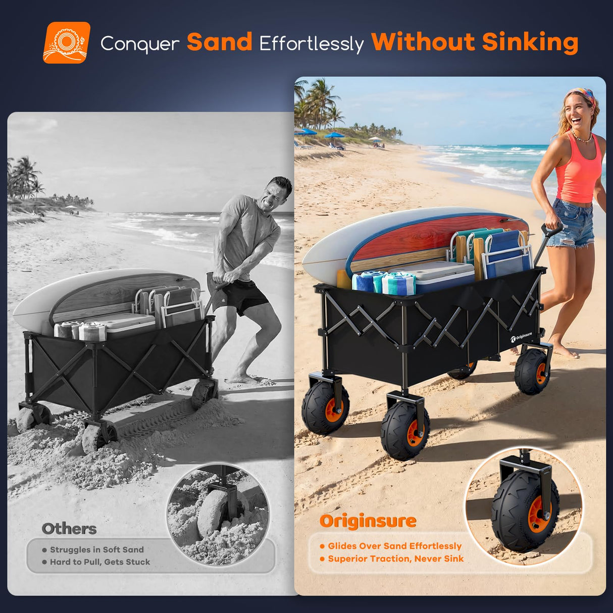 Originsure 300L Collapsible Beach Wagon with Balloon Wheels, 560lbs, Black