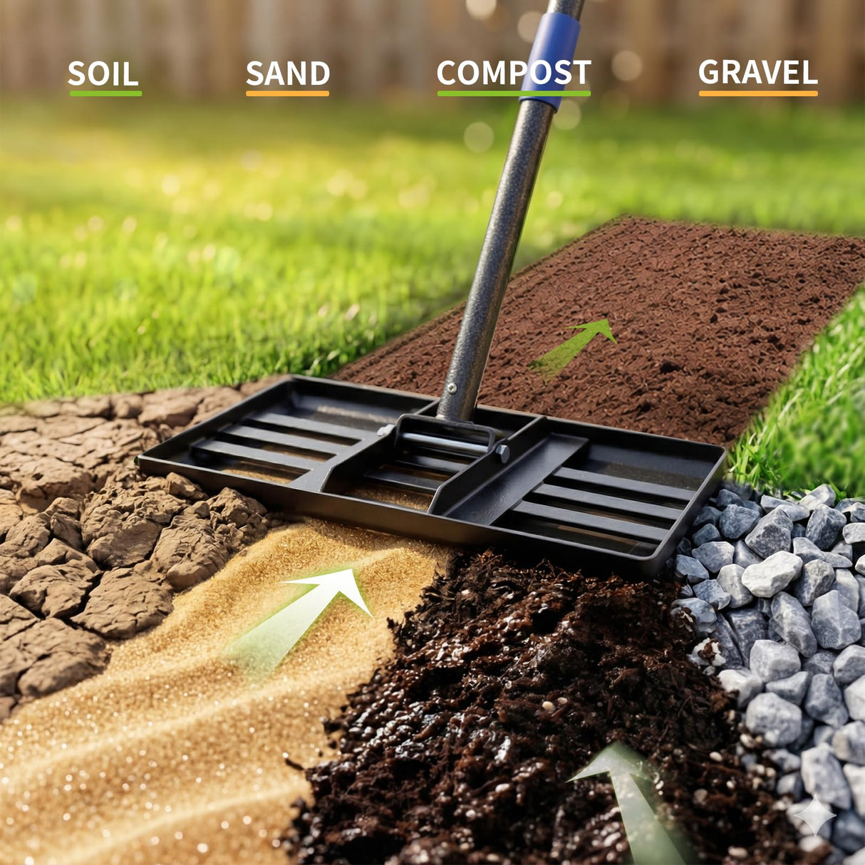 Lawn Leveling Rake, 6 FT Long Lawn Leveler with 17 x 10 Small Rakes Head for Smooth Garss Soil Dirt Sand, High Effect Long Handle Ground Leveling Tool with Round Edge for Yard Garden, No Flip