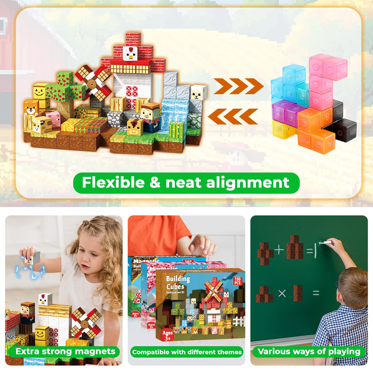 150 PCS Magnetic Blocks - Farm Animals Magnetic Building Blocks Cubes & Magnet Toys, Stacking Magnets, STEM Toys for School Acitivities, Ideal Christmas Birthday Gifts for Boys Age 3+ Years Old