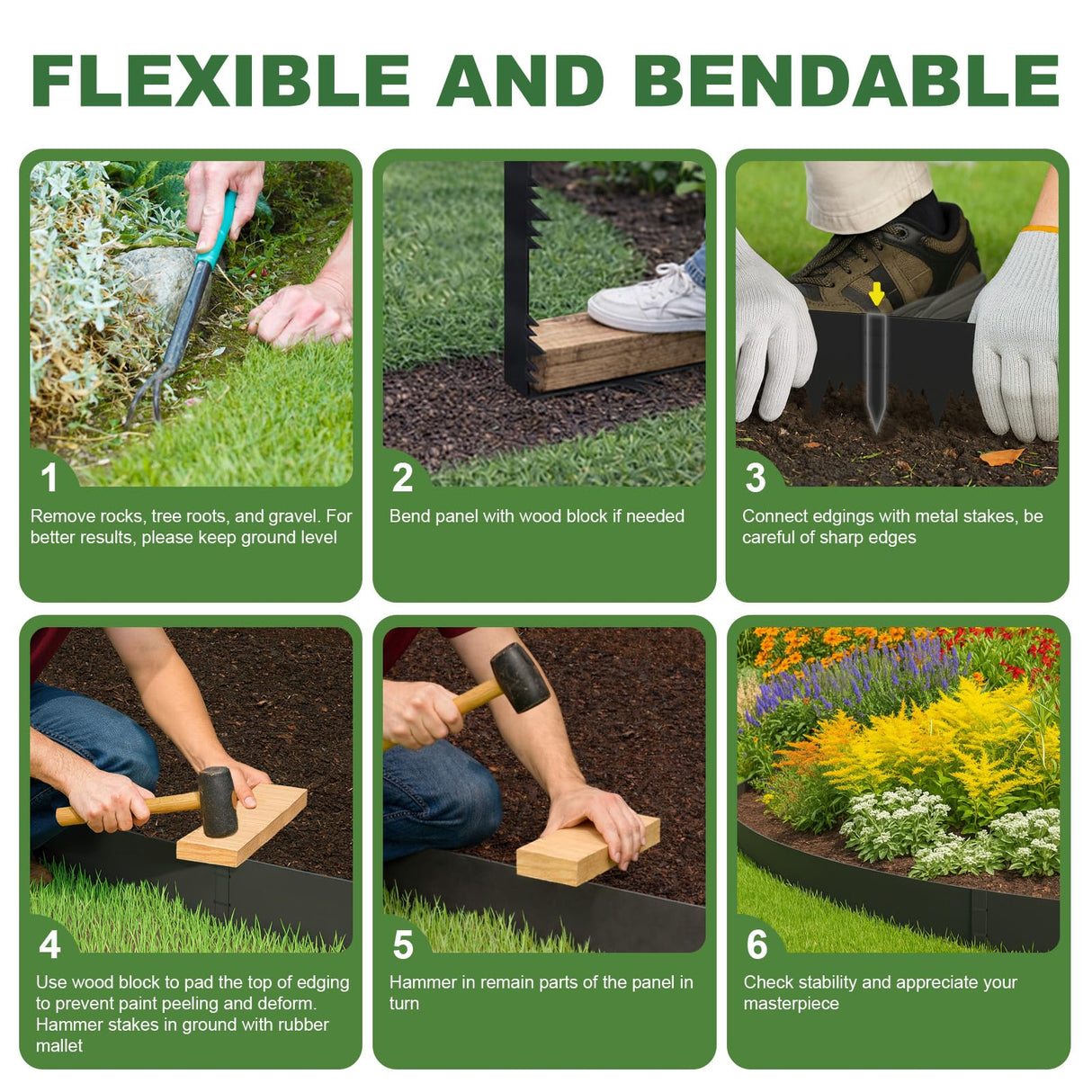 Galvanized Steel Landscape Edging Border 6 Packs 42'' L x 6.5'' H, Metal Landscape Garden Edging Border with 6 Stakes, Hammer-in Lawn Edging for Landscaping, Flower Bed, Yard, Pathway (21ft Total)