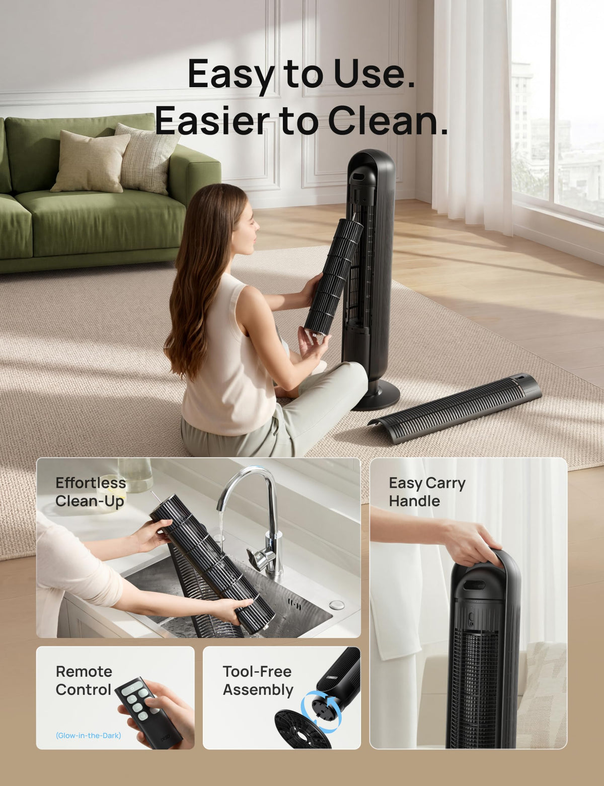 DREO Tower Fan for Bedroom, 28ft/s Velocity, Ultra Quiet Fan, 8 Speeds