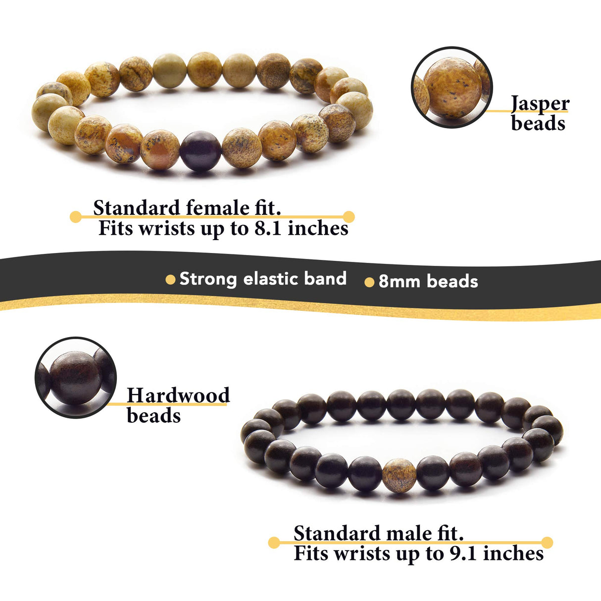 Anavego True Bond Matching Couples Bracelet Set with Storage Box. Wooden & Jasper 8 Millimeter Beaded. Unique 5 5th Year Marriage Wood Gifts for Him Her Boyfriend Girlfriend Husband Wife