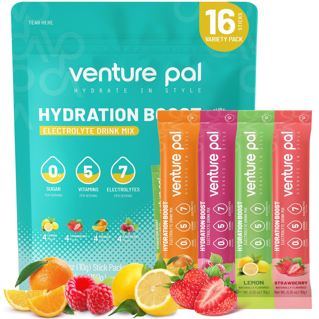Venture Pal Sugar Free Electrolyte Powder Packets - Liquid Daily IV Drink Mix for Rapid Hydration & Party Recovery | 5 Vitamins & 7 Electrolytes| Keto Friendly | Non-GMO | Certified Vegan | 16 Sticks