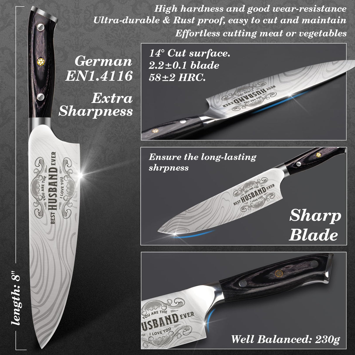 Funistree Anniversary Men Gifts for Him Husband, 8 inch Professional German Stainless Steel Chef Knife, Engraved Best Husband Ever Knife Gift, Christmas Anniversary Birthday Gifts for Men Husband
