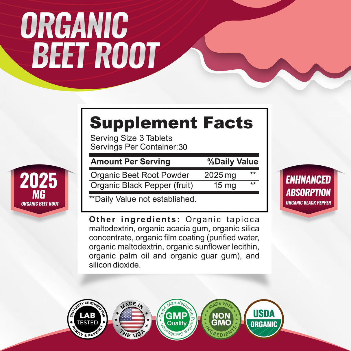 Organic Beet Root Powder Tablets - 2040mg Natural Nitric Oxide Beets to Support, Energy, Black Pepper Better Absorption, Non-GMO, for Men Women, 90 Tablets