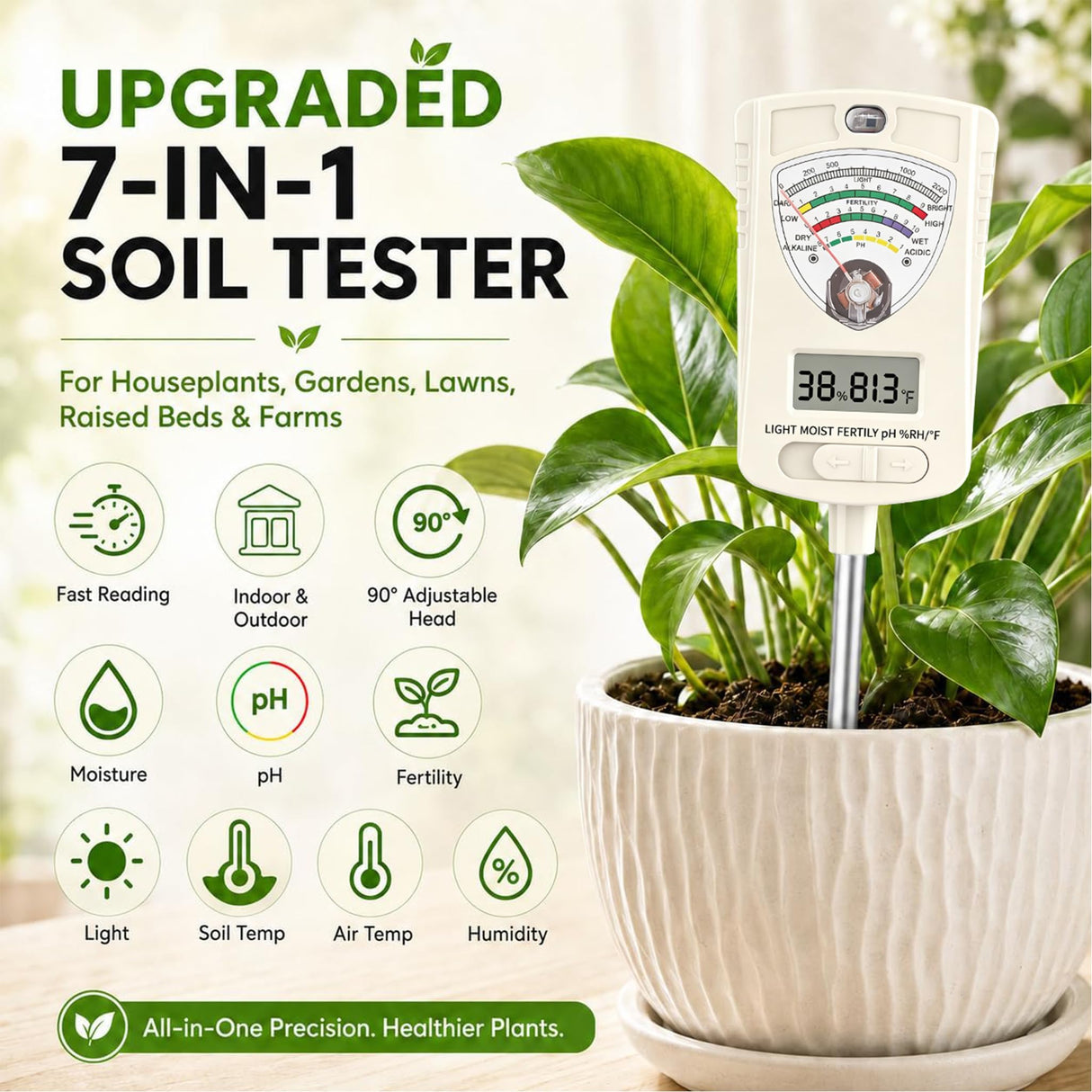 Soil Test Kit, 7-in-1 Soil Moisture Meter, Dual Screen Soil Tester, Moisture/pH/Temperature/Sunlight/Air Humidity/Fertility, Perfect for Farming, Gardening, Lawns, Outdoor-Lvory White