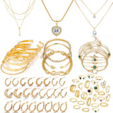 IFKM Gold Jewelry Set For Women, 14k Gold Plated Multi Layer Necklaces Bracelets Stackable Knuckle Rings Hoop Earrings set, Trendy Elegance Charms Non Tarnish Minimalist Textured Boho Jewelry Gift