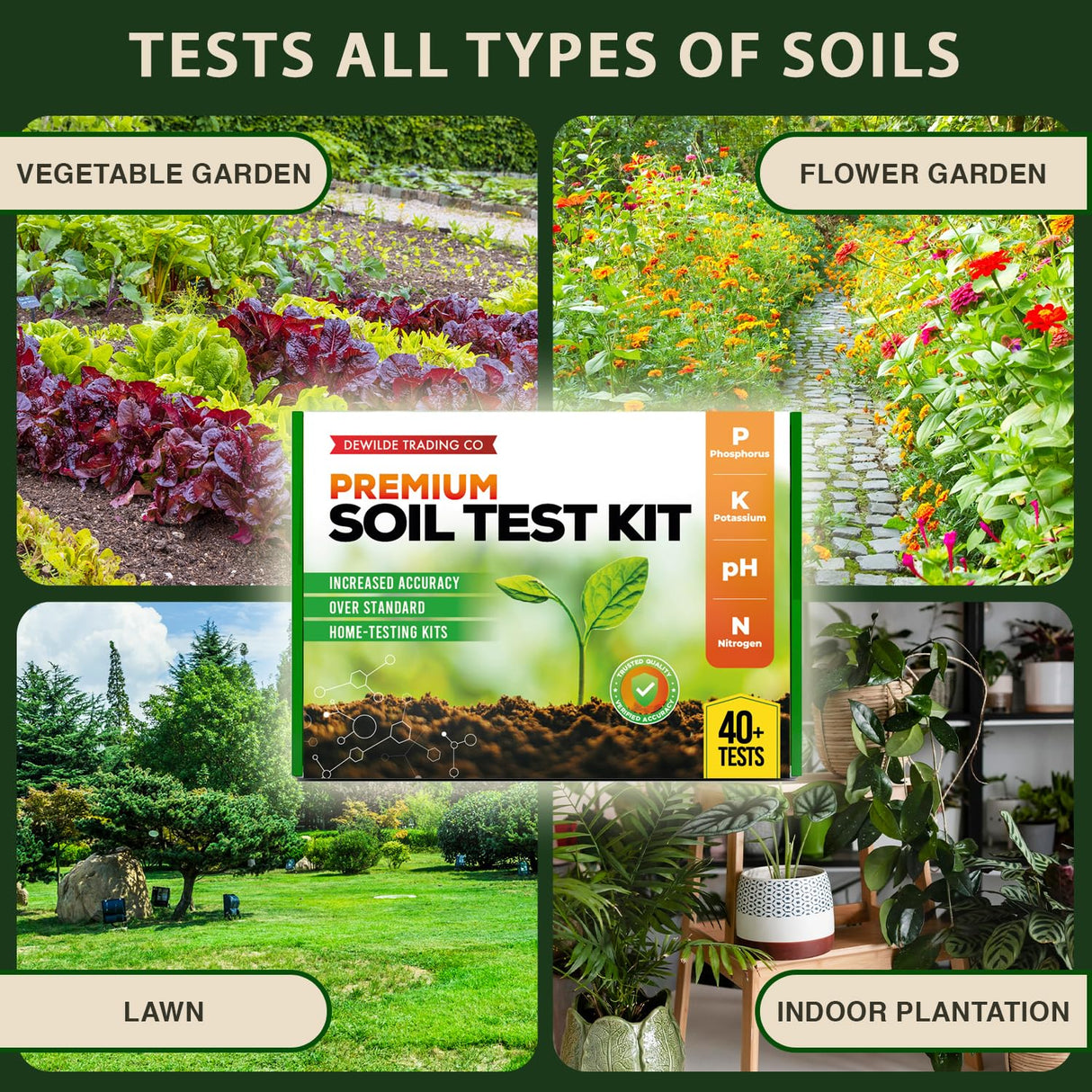 Premium Soil Test Kit: 40 Complete Tests for Lawns, Gardens, and Vegetables. Tests for Ammonia Nitrogen, pH, Phosphorus, and Potassium.