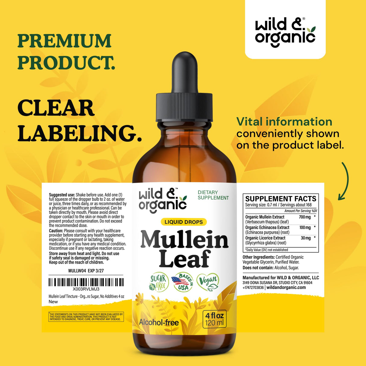 Wild & Organic Mullein Drops for Lungs - Cleanse and Detox - Liquid Mullein Leaf Extract for Lungs with Echinacea - Add to Tea - Verbascum Thapsus Tincture - Sugar & Alcohol-Free Supplement - 4 fl oz