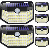 HMCITY 120 LED Outdoor Solar Lights with Motion Sensor and 3 Lighting Modes, IP65 Waterproof Wide Solar Wall Lights Ideal for Garden Patio Yard (Front Button 6Packs, Black Shell-Daylight White)