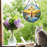 WUHSDIBC Cross Forget Me Not Stained Glass Window Hanging Suncatcher, Christian Flower Sunset Sun Catcher Indoor Window Decor Gifts, Religious Painted Glass Round Wall Hanging Decorations 7.8x7.8 in