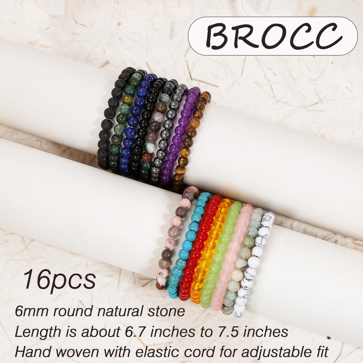 BROCC 16PCS Natural Healing Crystal Bracelets for Women 6mm Beads Bracelet