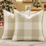 decorUhome Christmas Buffalo Plaid Check Throw Pillow Covers 20x20 Set of 2, Outdoor Linen Decorative Farmhouse Gingham Pillow Covers with Stitched Edge for Bed Couch Sofa, Cream White and Beige