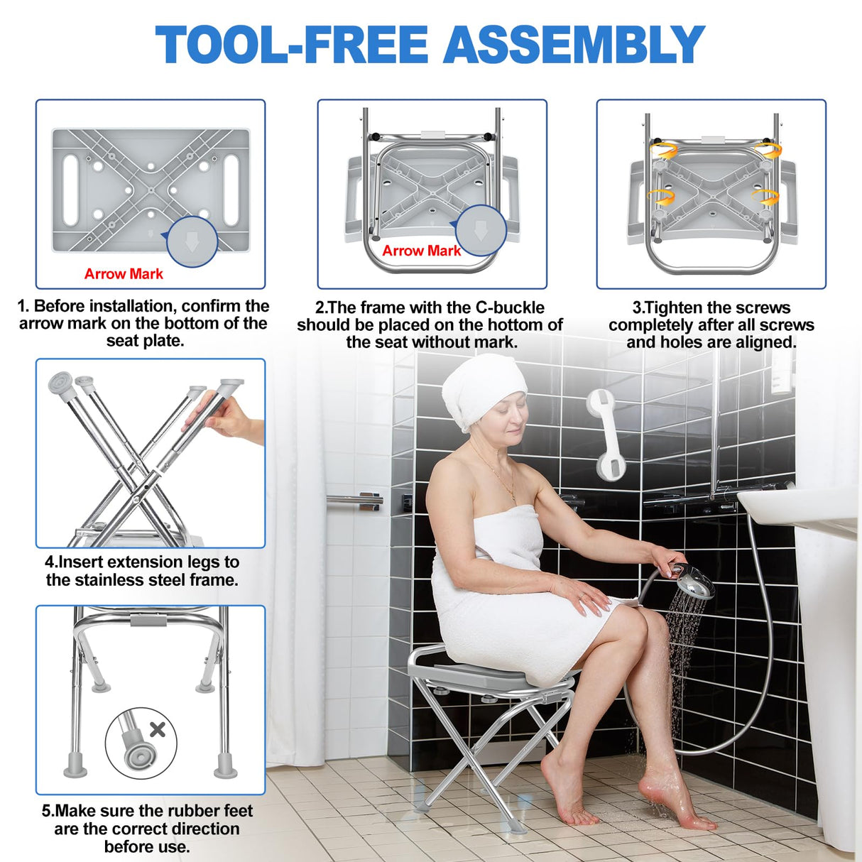 UGarden Folding Shower Chair Seat, 17.5" Stainless Steel Small Shower Chair for Inside Shower with Pad, 400lbs Portable Travel Shower Stool, Safety Anti-Slip Bath Chair for Seniors, Disabled, Gray