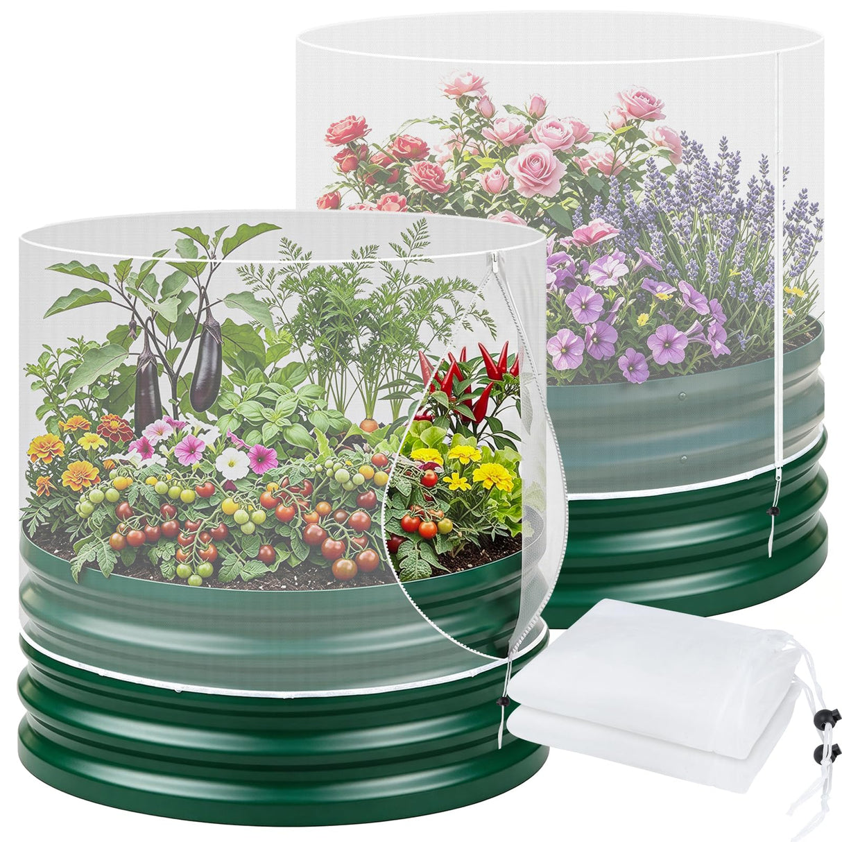 2 Pcs Garden Netting for Raised Beds for 2 FT Dia x 1 FT H Round Raised Beds Fine Mesh Plant Protection Covers with Drawstring & Zipper for Vegetables Herbs Flowers Seedlings