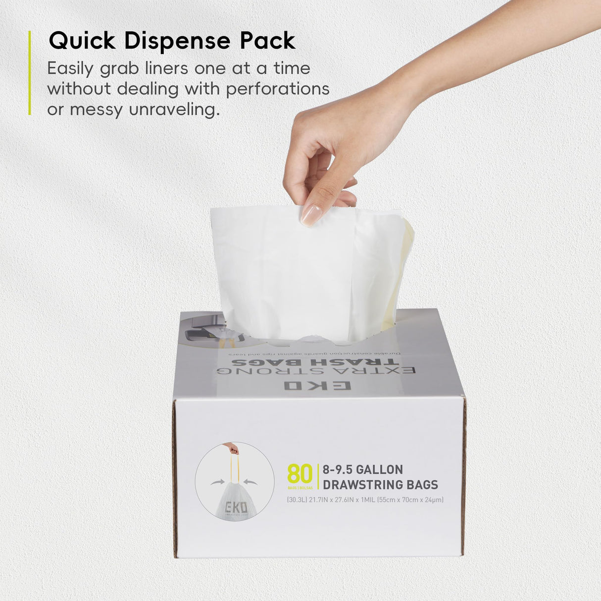 EKO Easy-Dispense Roll 80 Count Extra-Strong Drawstring Tall Kitchen Trash Bag, 8-9.5 Gallon Trash Bag (30.3L-36L) 1 Pack White, Code E