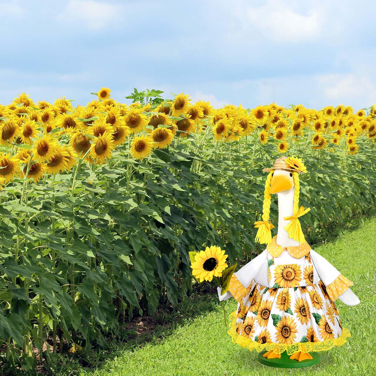 JcHrmers Sunflower Goose Outfit Sunflower Dress and Straw Hat Porch Goose Clothes Fits 23" Cement or Plastic Goose Statue for Spring Summer Outdoor Garden Lawn Yard Patio Decor