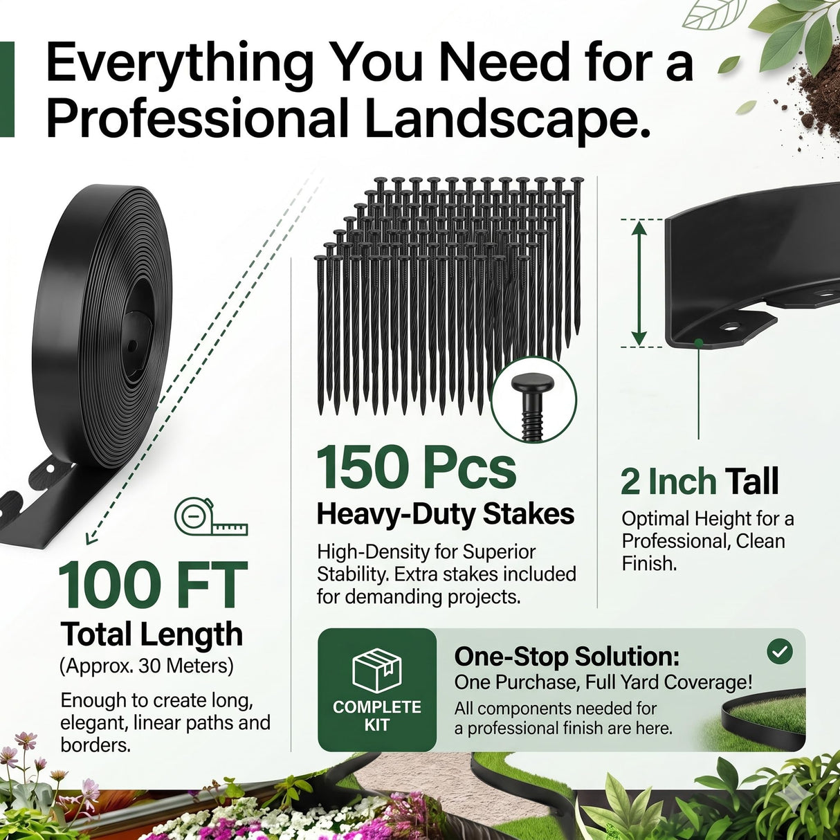 Garden Edging Border/Landscape Edging,100FT 2 Inch Tall Plastic Flexible Lawn Border with 150 Stakes,No Dig Garden Edging Kit for Landscaping,Garden Bed,Yard,Flower Bed,Pathway